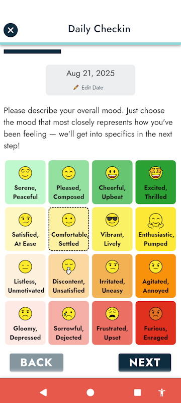 Qwandery Mobile App Slide 7 - Check-in Screen featuring Mood Selection Grid