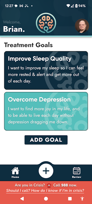Qwandery Mobile App Slide 6 - Treatment Goals Screen featuring list of Treatment Goals