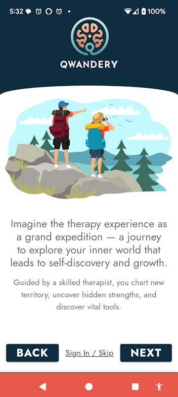 Qwandery Mobile App Slide 2 - Welcome Tour: Imagine the Therapy Experience as a Grand Expedition, guided by a skilled therapist.