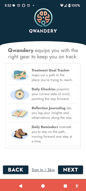 Qwandery Mobile App Slide 4 - Welcome Tour: Qwandery equips you with the right gear to help you stay on track.
