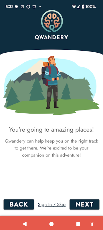 Qwandery Mobile App Slide 5 - Welcome Tour: You're going to amazing places! Qwandery can help keep your journey moving forward.